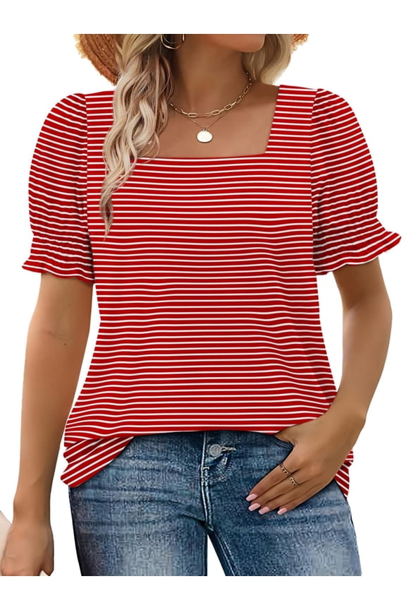 Womens Square Neck T Shirts Ruffle Trim Sleeve Casual Fashion Summer Tops