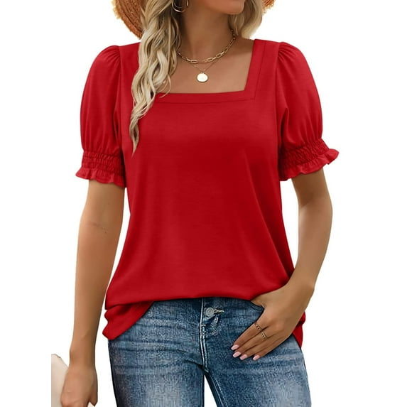 Womens Square Neck T Shirts Ruffle Trim Sleeve Casual Fashion Summer Tops