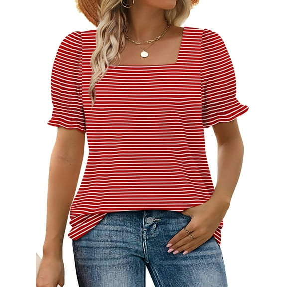 Womens Square Neck T Shirts Ruffle Trim Sleeve Casual Fashion Summer Tops