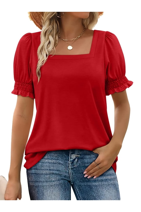 Womens Square Neck T Shirts Ruffle Trim Sleeve Casual Fashion Summer Tops