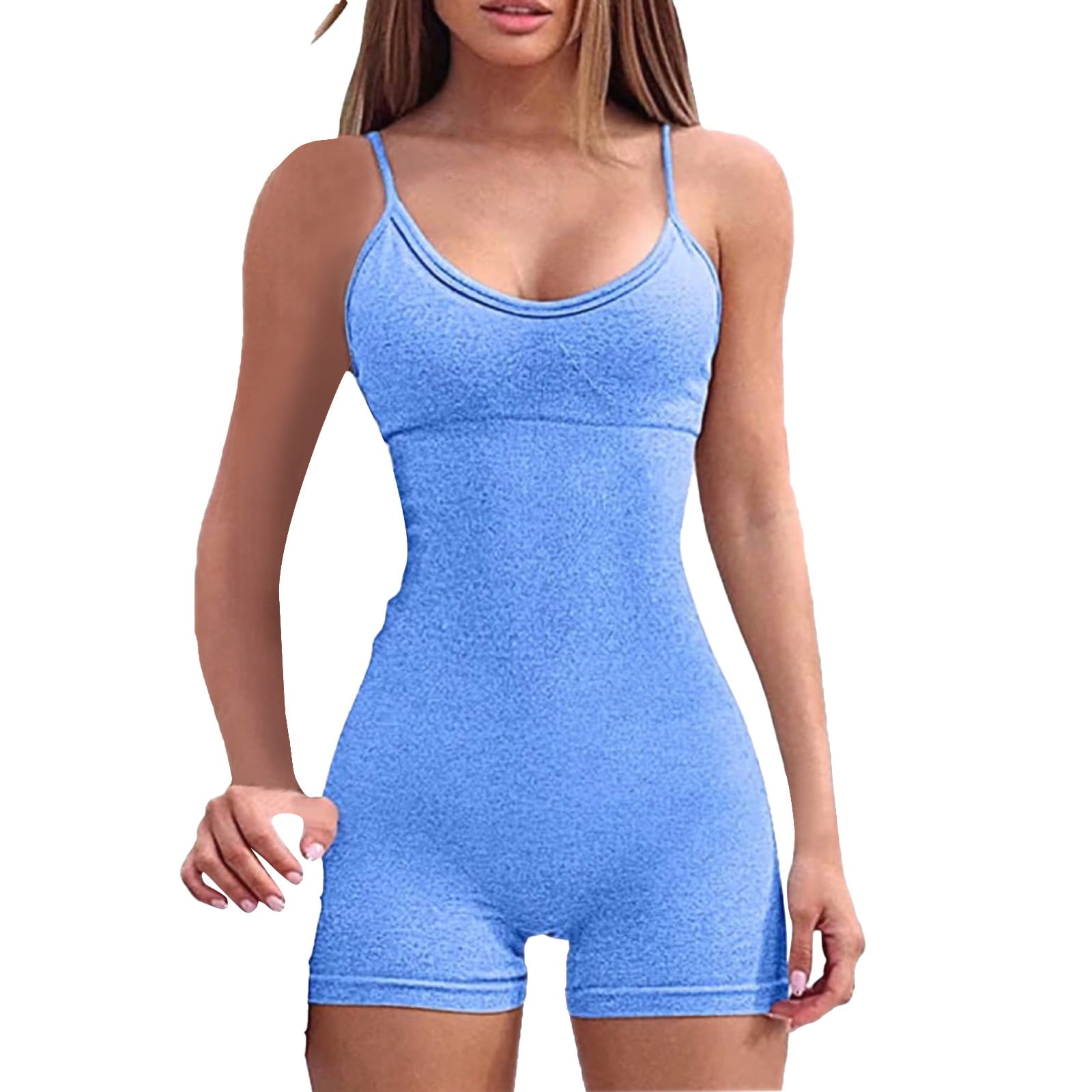 Womens Square Neck Tank Top Tummy Control Bodycon Stretch Shorts Jumpsuit  Rompers