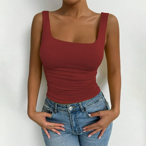 Womens Square Neck Tank Tops Double Lined Basic Tanks Sleeveless 2025 Summer Collection, Limited Time, Under 10 Dollars