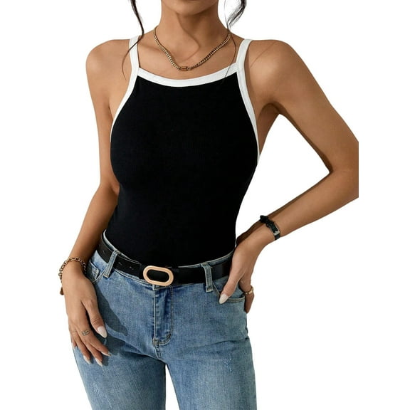 Womens Square Neck Tank Tops Ribbed Sleeveless Cropped Top Color Block Basic Shirts Black XL