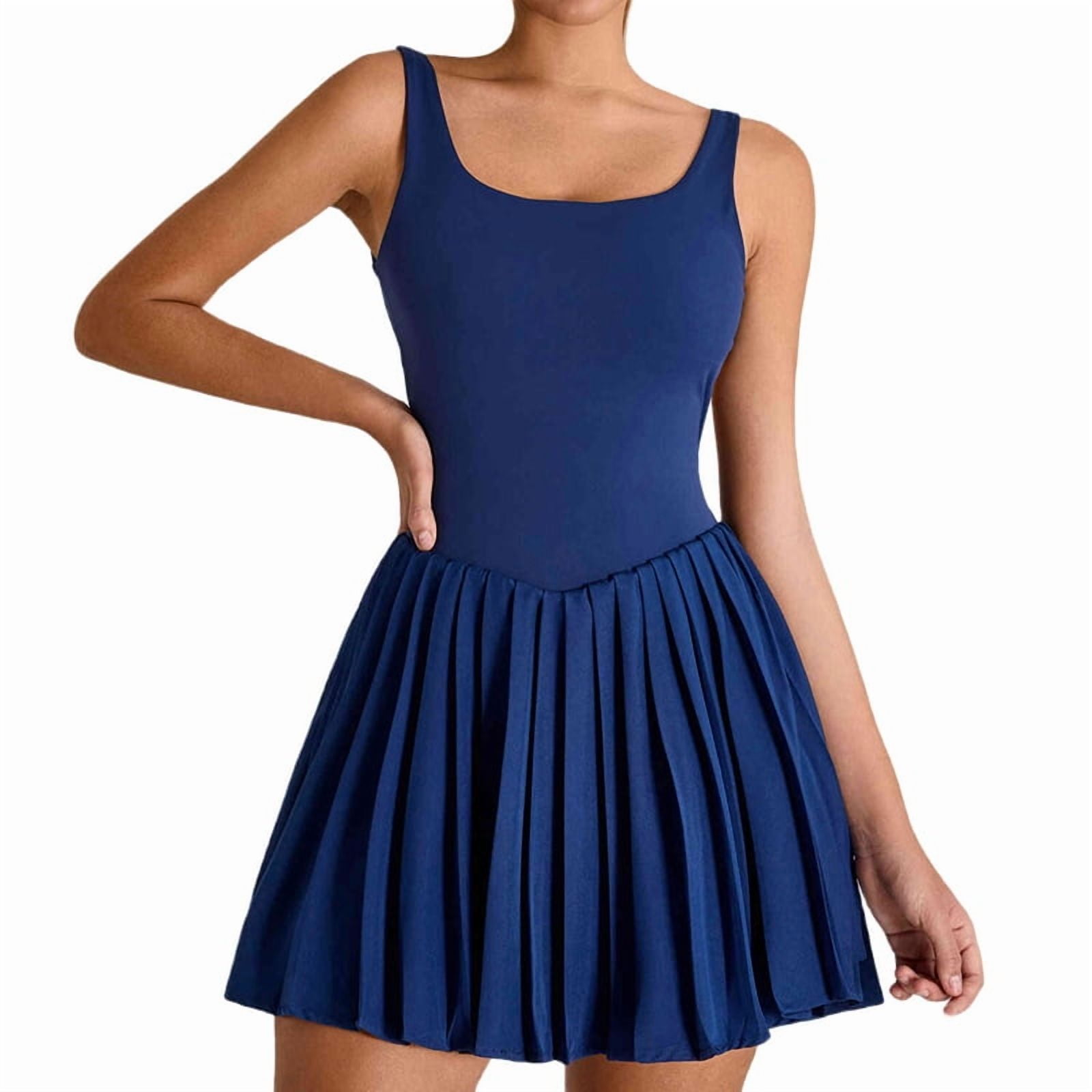 Womens Square Neck Tennis Dress Pleated Sleeveless Built in Shorts Golf Athletic Dress with Pockets Navy Blue M