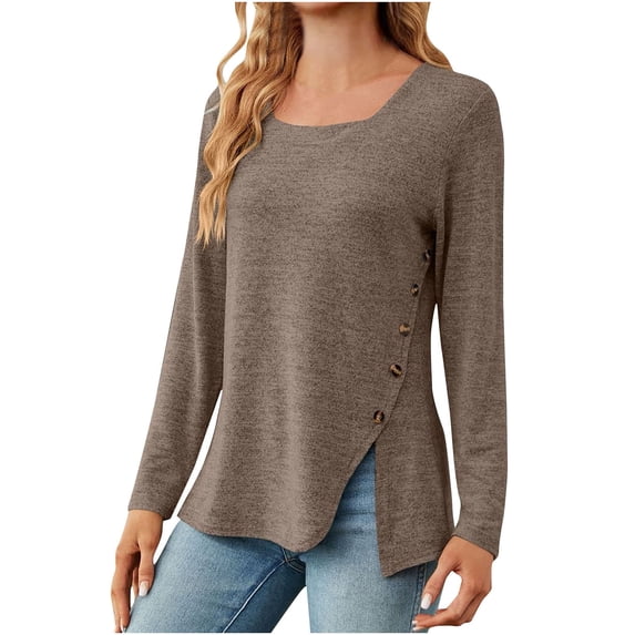 Womens Square Neck Top Casual Loose Long Sleeve Shirts Solid Soft Tops Button Side Split Shirt Fall Winter Blouse