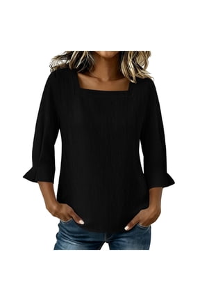 Womens Square Neck Tops Linen Blend Soft 3/4 Length Flared Sleeve Blouses for Summer Dressy Casual Vacation (S, Black)