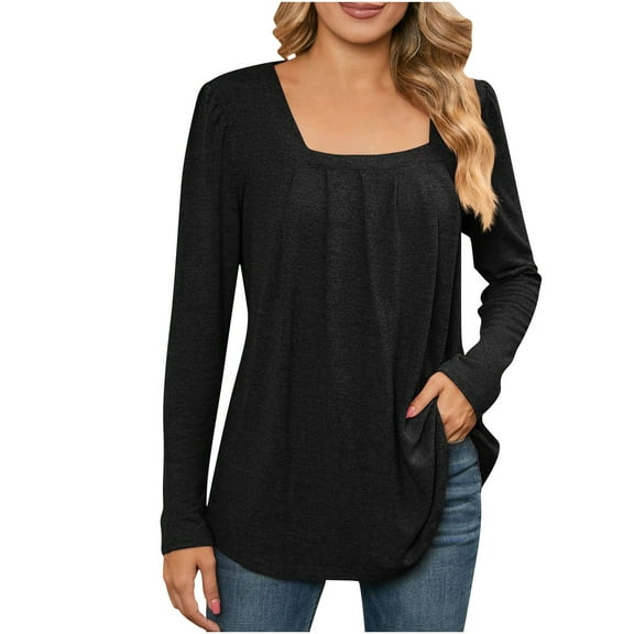 Womens Square Neck Tops Pleats Tunic Outfits Trendy Long Sleeve Base Layers Relaxed Fit Shirts Brushed Fall Winter Clothing Elegant Vintage Pullover Tees