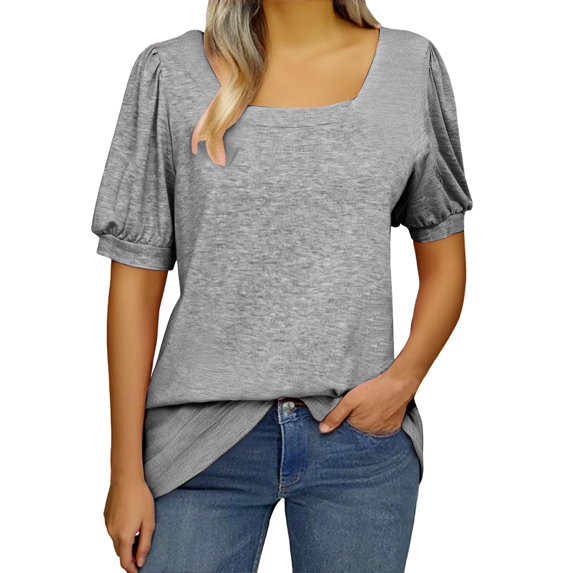 Womens Square Neck Tops Puff Short Sleeve Cotton Tshirts Summer Solid Color Tunic Tees Cute Tops