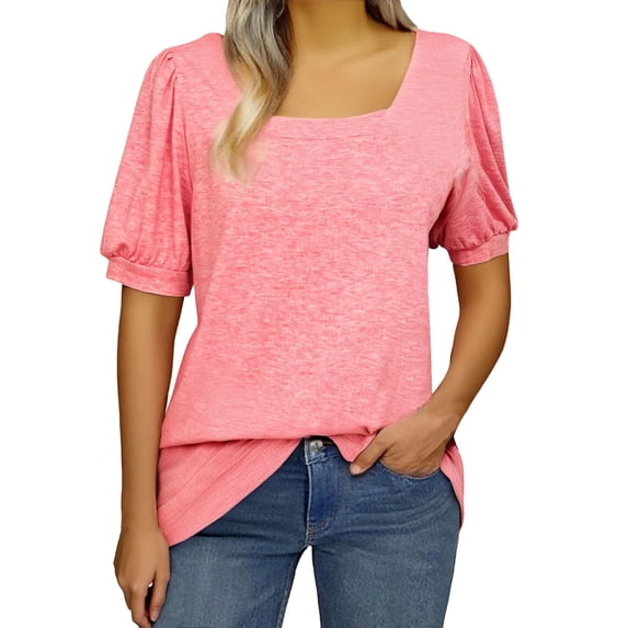 Womens Square Neck Tops Puff Short Sleeve Cotton Tshirts Summer Solid Color Tunic Tees Cute Tops