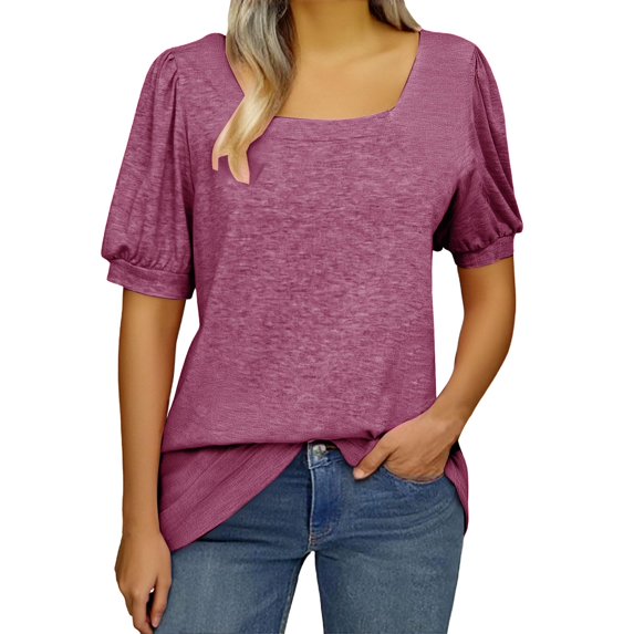 Womens Square Neck Tops Puff Short Sleeve Cotton Tshirts Summer Solid Color Tunic Tees Cute Tops
