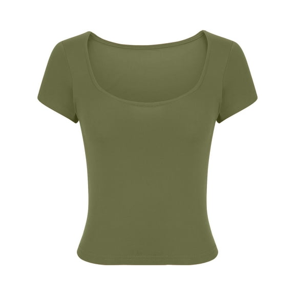 Womens Square Neck Tops Short Sleeve Going Out Crop Shirt for Women Fashion Summer Solid Color Slim Fit T-Shirt (Army Green M)