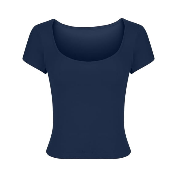Womens Square Neck Tops Short Sleeve Going Out Crop Shirt for Women Fashion Summer Solid Color Slim Fit T-Shirt (Navy 2XL)