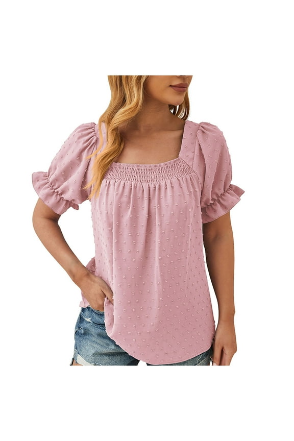 Womens Square Neck Tops Trendy Casual Swiss-Dot Puffed Short Sleeve Blouses Loose Elastic Ruched Solid Color Cute Basic Tunic Top Shirts