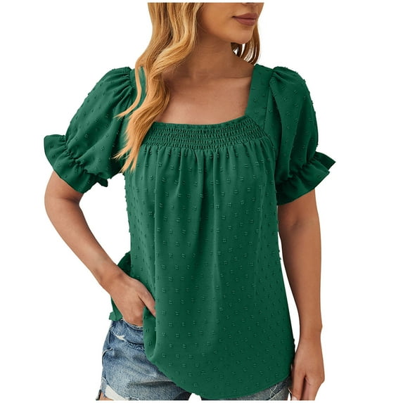 Womens Square Neck Tops Trendy Casual Swiss-Dot Puffed Short Sleeve Blouses Loose Elastic Ruched Solid Color Cute Basic Tunic Top Shirts