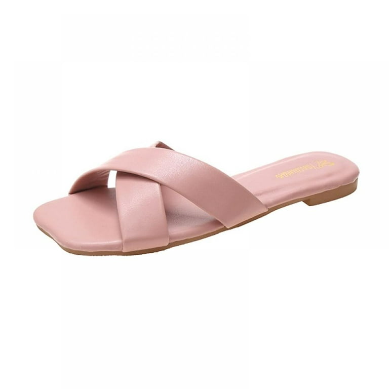 Womens Square Open Toe Flat Sandals Faux Leather Strap Criss Cross Flat  Mule Slides Tie Up Slippers Two Straps Low Heel Sandal 