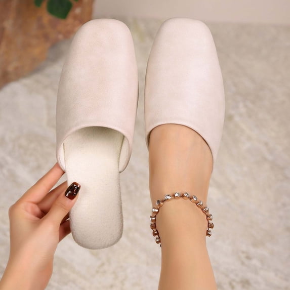 Womens Square Toe Flat Mules Slip On Closed Toe Backless Comfortable PU Faux Leather Shoes Beige,Size 37