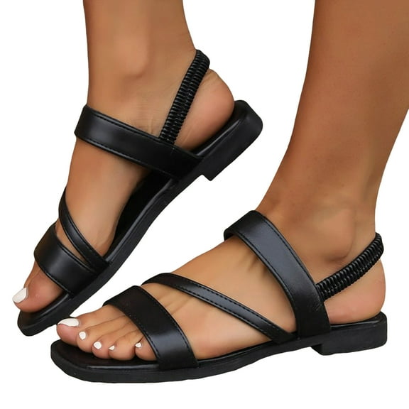 Womens Square Toe Flat Sandals Fashion Casual Leather Wide Feet Low Heels Elastic Slingback Dress Sandals