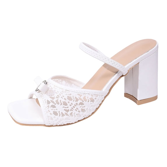 Womens Square Toe Mesh Sandals Block Heel Rhinestone Open Toe Slides Comfortable Dressy Shoes for Wedding Party White Size 6.5