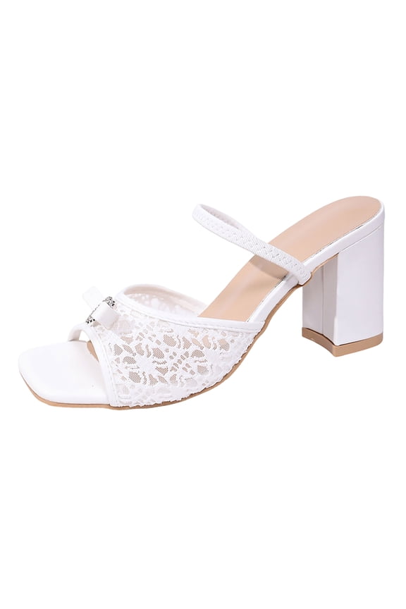 Womens Square Toe Mesh Sandals Block Heel Rhinestone Open Toe Slides Comfortable Dressy Shoes for Wedding Party White Size 6