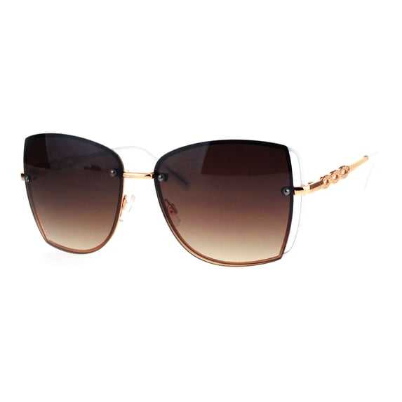 Womens Squared Oversize Rimless Metal Rim Butterfly Designer Sunglasses Gold White