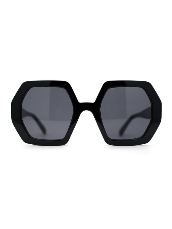 Womens Squared Thick Plastic Mod Hexagon Sunglasses All Black