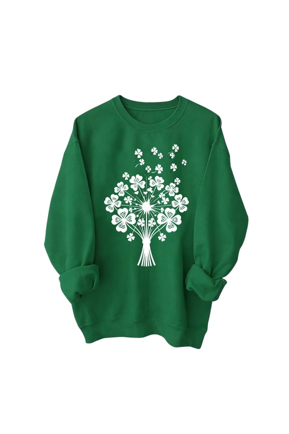 Womens St. Paddy's Sweatshirt Green Lucky Clover Dandelion Print Long Sleeve Crewneck, Soft Fleece Loose Fit Casual Pullover,Size 2XL
