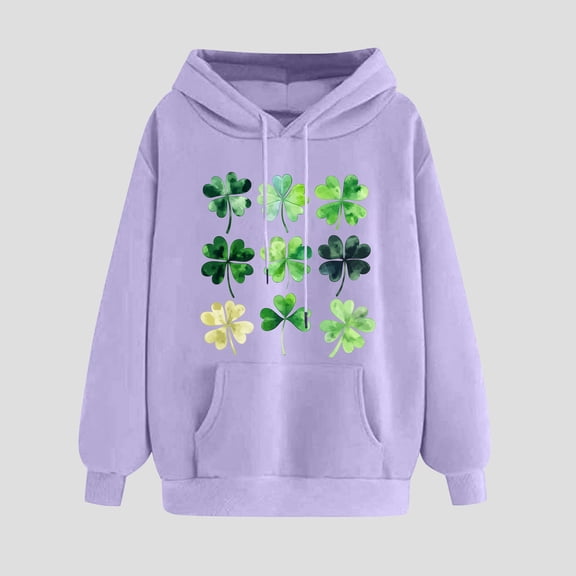 Womens St. Patrick'S Day Sweatshirt Clover Print Hoodie Casual Long Sleeve Sweatshirt Shamrock Pullover Tops Purple XXL