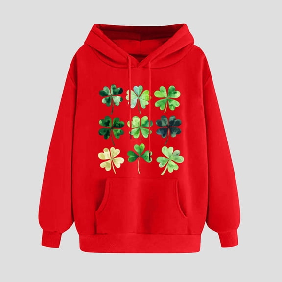 Womens St. Patrick'S Day Sweatshirt Clover Print Hoodie Casual Long Sleeve Sweatshirt Shamrock Pullover Tops Red L