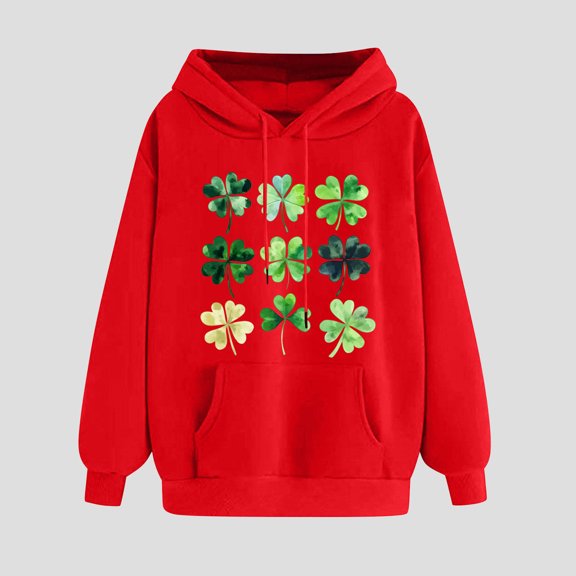Womens St. Patrick'S Day Sweatshirt Clover Print Hoodie Casual Long Sleeve Sweatshirt Shamrock Pullover Tops Red S