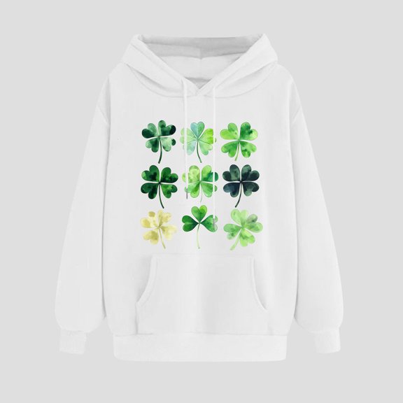 Womens St. Patrick'S Day Sweatshirt Clover Print Hoodie Casual Long Sleeve Sweatshirt Shamrock Pullover Tops White S