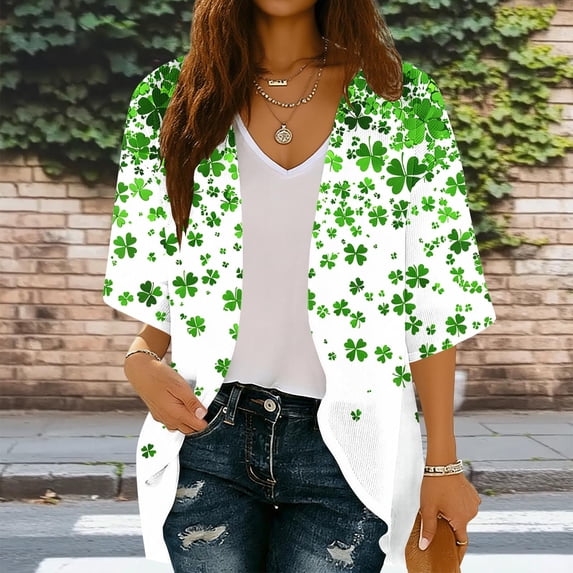 Womens St. Patrick's Day Kimono Beach Cover Up Cardigan Floral Printed Tops Loose 3/4 Sleeve Lightweight Capes Green M