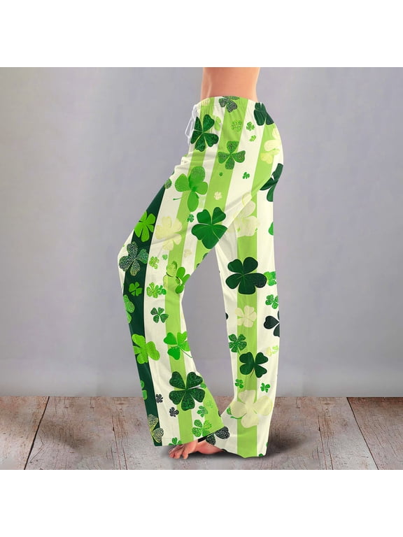 Womens St. Patrick's Day Pajamas Pants Holiday Elastic Waist Spring Clover Printed Pajama Pants Jogger Wide Leg Sleepwear Pants