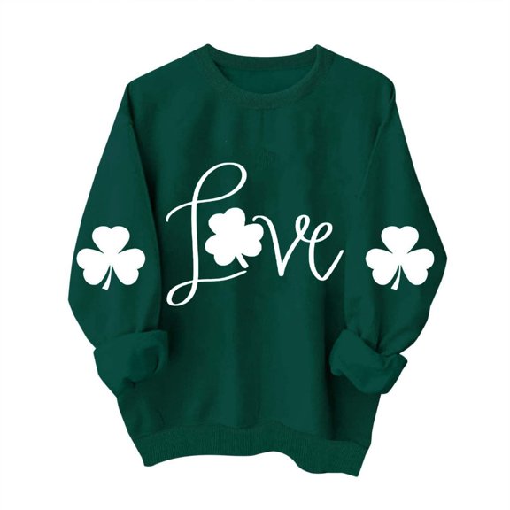 Womens St. Patrick's Day Shirt Cute Clover Print Crew Neck Long Sleeve Sweatshirt Casual Irish Shamrock Pullover Tops