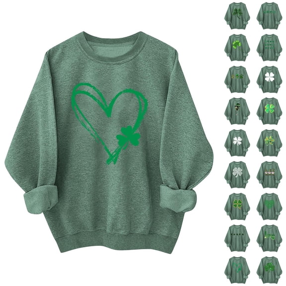 Womens St Patrick's Day Shirt Long Sleeve Crew Neck Cotton Shirts Casual Loose Irish Clover Holiday Graphic Pullover Tops