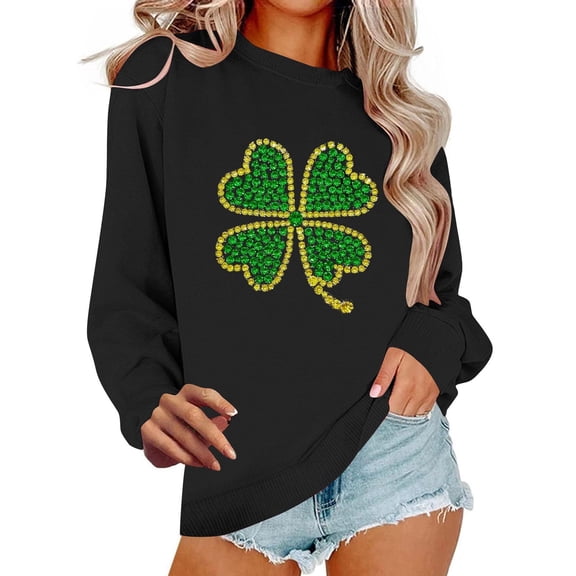 Womens St Patrick's Day Shirt Long Sleeve Crew Neck Cotton Shirts Casual Loose Irish Clover Holiday Graphic Pullover Tops