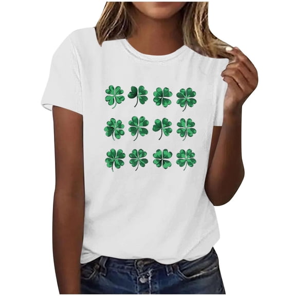 Womens St Patrick's Day T-Shirt Short Sleeve Crew Neck Cotton Shirt Irish Clover Shamrock Holiday Graphic Tee Tops