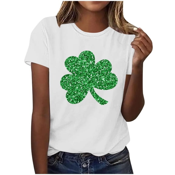 Womens St Patrick's Day T-Shirt Short Sleeve Crew Neck Cotton Shirt Irish Clover Shamrock Holiday Graphic Tee Tops