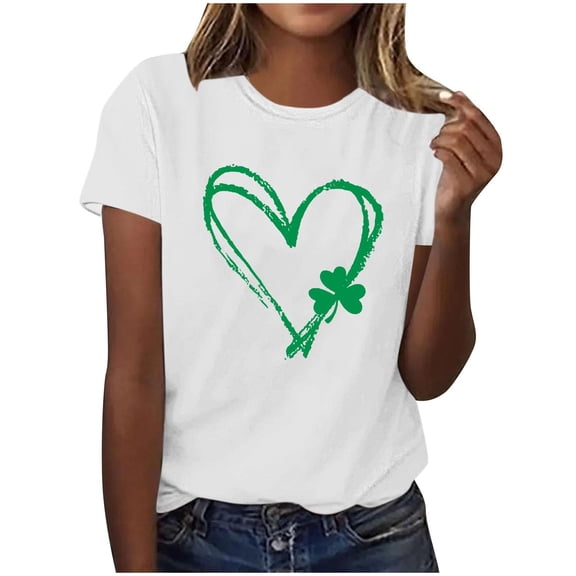 Womens St Patrick's Day T-Shirt Short Sleeve Crew Neck Cotton Shirt Irish Clover Shamrock Holiday Graphic Tee Tops