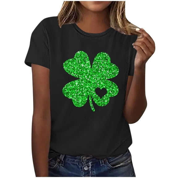 Womens St Patrick's Day T-Shirt Short Sleeve Crew Neck Cotton Shirt Irish Clover Shamrock Holiday Graphic Tee Tops