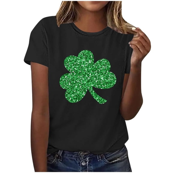 Womens St Patrick's Day T-Shirt Short Sleeve Crew Neck Cotton Shirt Irish Clover Shamrock Holiday Graphic Tee Tops