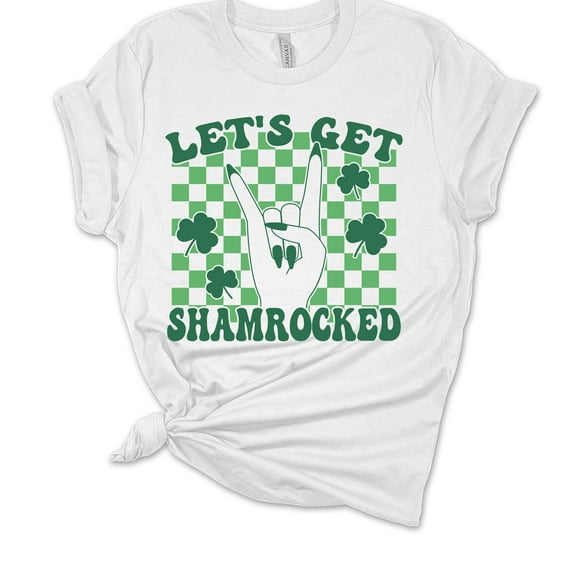 Womens St. Patrick's Day Tshirt Distressed Let's Get Shamrocked Short Sleeve T-shirt-White-medium