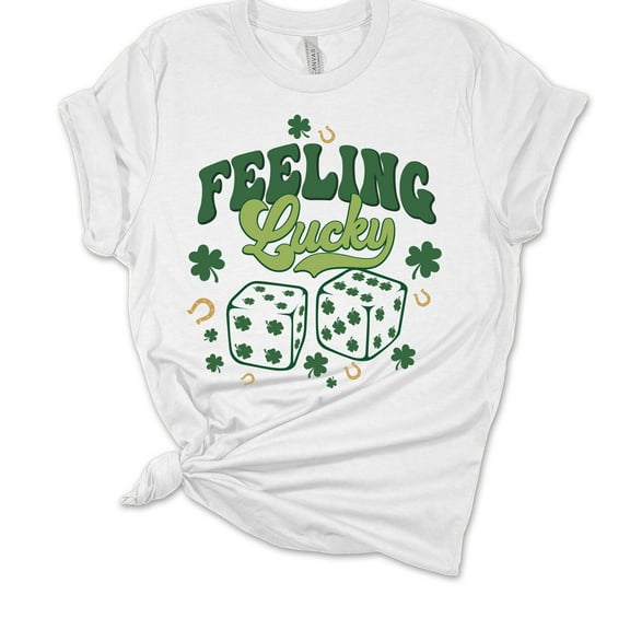 Womens St. Patrick's Day Tshirt Feeling Lucky Shamrock Dice Short Sleeve T-shirt-White-xxxl