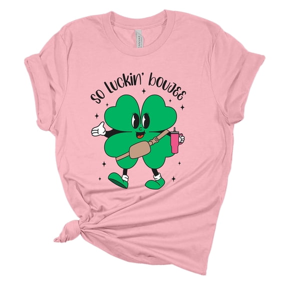 Womens St. Patrick's Day Tshirt Funny So Luckin Boujee Short Sleeve T-shirt -Pink-small