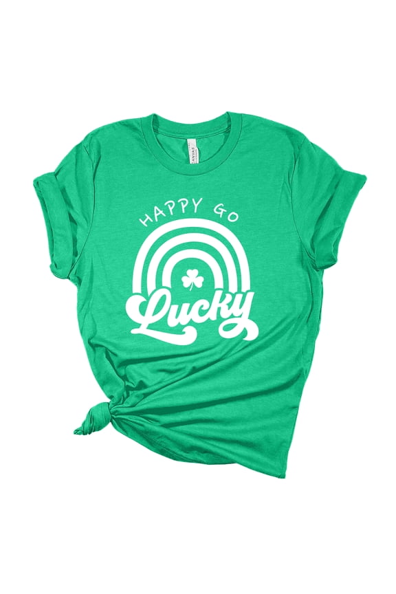 Womens St. Patrick's Day Tshirt Happy Go Lucky Irish Short Sleeve T-shirt-Heather Kelly Green-5xl