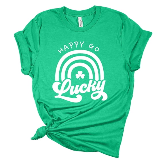 Womens St. Patrick's Day Tshirt Happy Go Lucky Irish Short Sleeve T-shirt-Heather Kelly Green-large