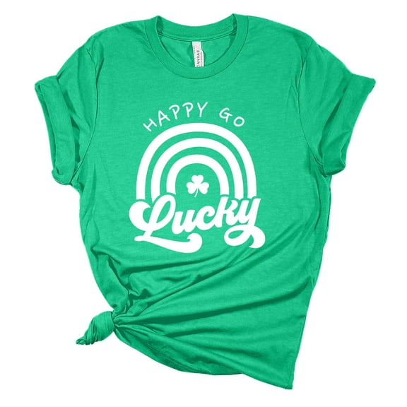 Womens St. Patrick's Day Tshirt Happy Go Lucky Irish Short Sleeve T-shirt-Heather Kelly Green-small
