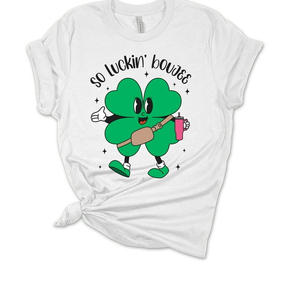 Womens St. Patrick's Day Tshirt So Luckin Boujee Clover With Tumbler Short Sleeve T-shirt-White-xxl
