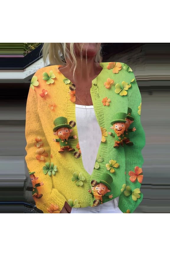 Womens St Patricks Day Cardigan Sweaters Oversized Lucky Irish Shamrock Graphic Long Sleeve Button Down Thin Knit Cardigan 2026 Orange 3XL