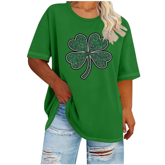 Womens St Patricks Day Shirt Four Leaf Clover T-Shirt Summer Casual Short Sleeve Loose Tees Plus Size Tops for Curvy Women