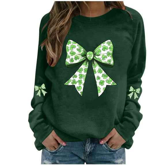 Womens St Patricks Day Shirt Shamrock Bow Print Shirts Crew Neck Sweatshirts Long Sleeve Pullover Tops Green Outfits for Women